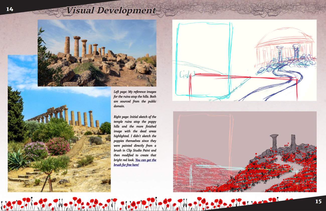 <font size ='5'><b><i>Pillars on Poppy Hills</b> Artbook: Sample Page 3</i> <p></font>
Layout and Art by <a href='index.html'>Knickknack PJ</a> <p>
<a href='https://knickknackpj.itch.io/pillarsonpoppyhills'>★Play <i>Pillars on Poppy Hills</i> Here★</a>